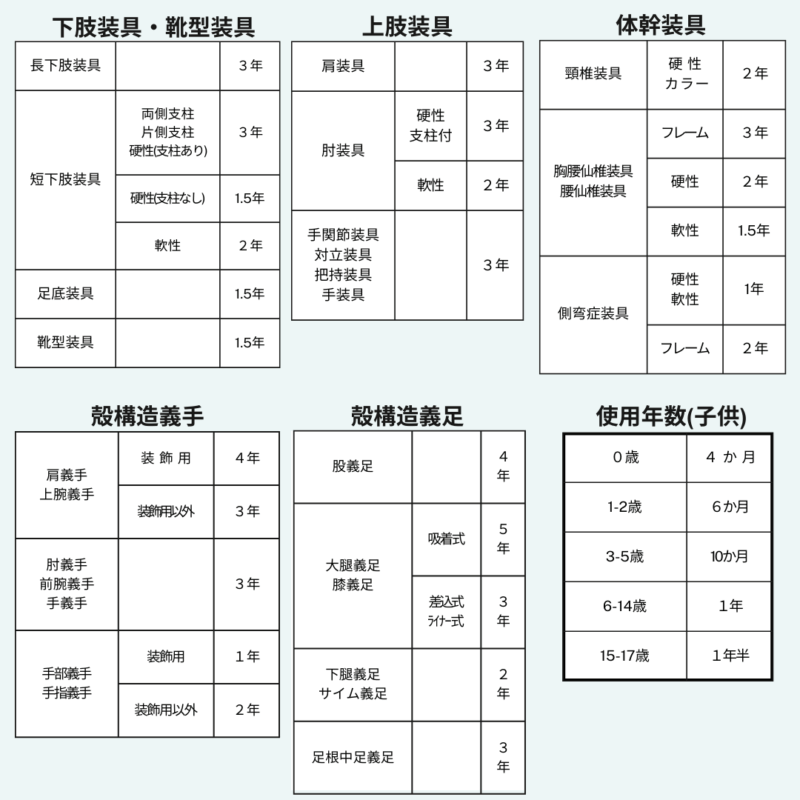主な義肢装具の耐用年数の一例